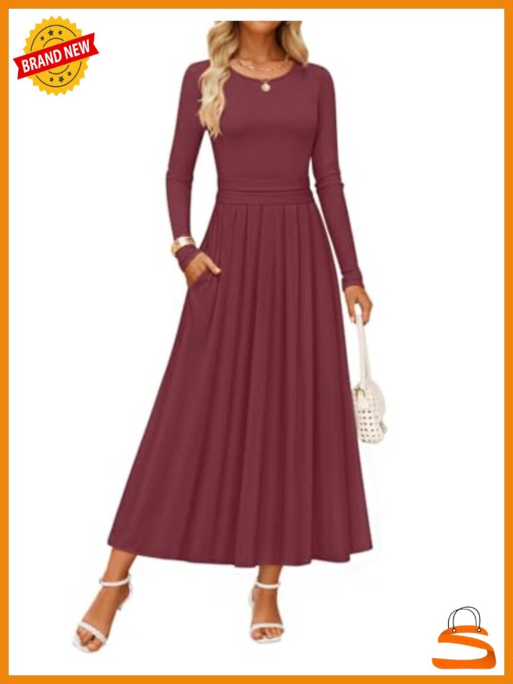 Long Sleeve Slimming Knit Modest Maxi Dress Crew Neck A-Line